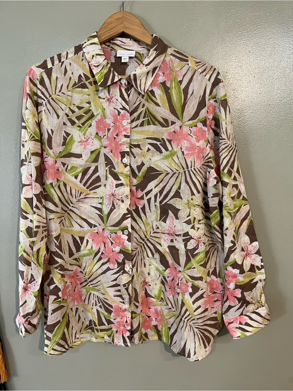 J Jill Love Linen Floral Button-Up Shirt with Pink & Green Tropical Print L